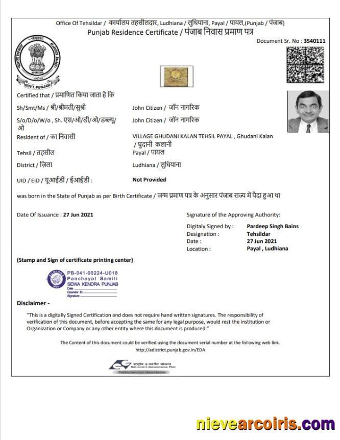 India Government of Punjab Residence Certificate